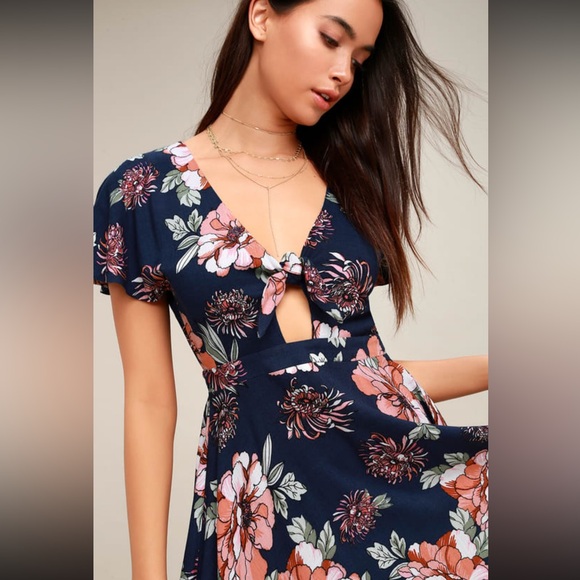 Lulus Navy Blue Floral Print Tie-Front Skater Dress - Picture 2 of 14